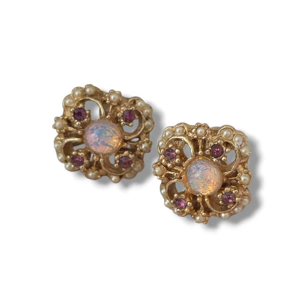 Faux Fiery Opal Blue Purple Crystal Flower Earrings Vintage Screw Back Victorian